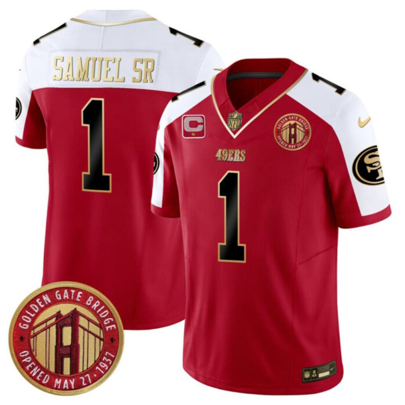 Men's San Francisco 49ers #1 Deebo Samuel Sr. Red/White F.U.S.E. With 1-Star C Patch And Golden Gate Bridge Patch Alternate Vapor Limited Stitched Football Jersey